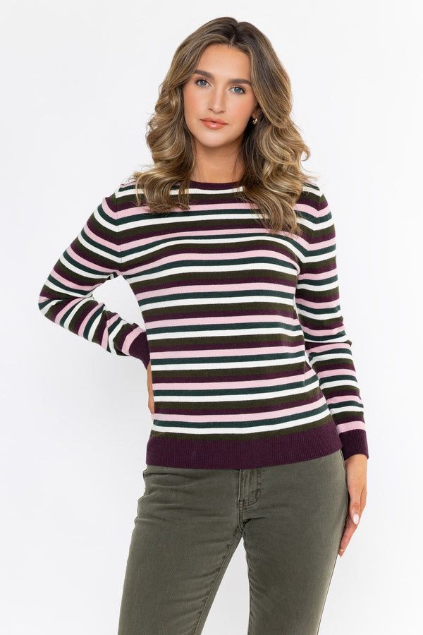 Carraig Donn Burgundy Viscose Blend Regular Fit Striped Long Sleeve Jumper