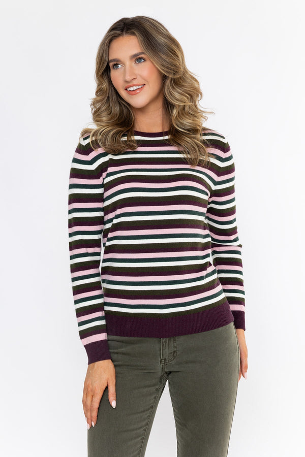Carraig Donn Burgundy Viscose Blend Regular Fit Striped Long Sleeve Jumper