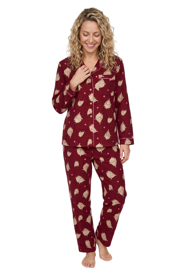 Carraig Donn Burgundy Wincey Cotton Highland Cow Print Long Sleeve Pyjama Set