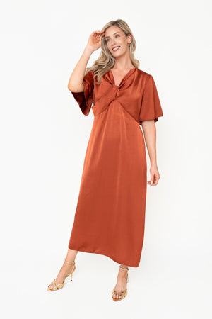 Carraig Donn Burnt Orange Satin A-line Knot Bust Detail Half Sleeve Maxi Dress