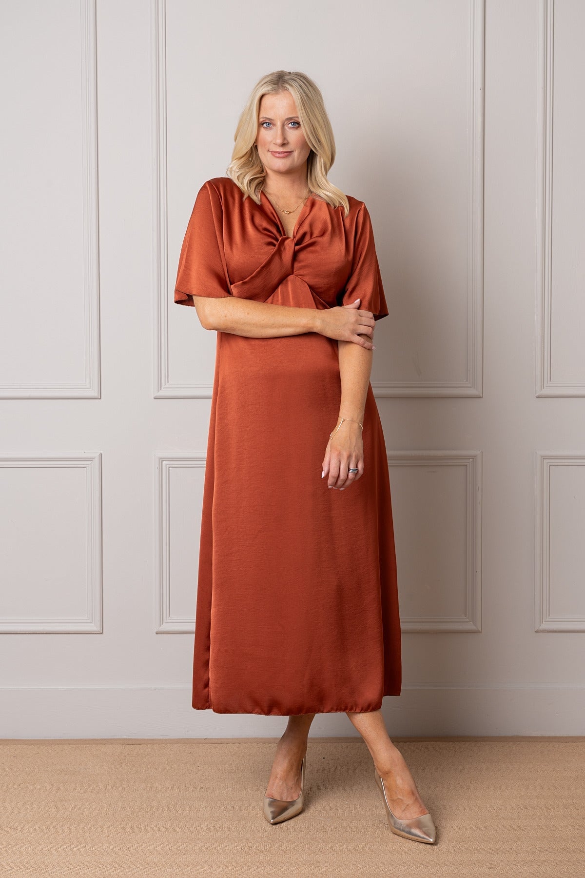 burnt orange a line dress Satin Knot Bust Half Sleeve Maxi Strapless with Pleated A-line Color:SMOKY BLUE fall dresses Linen dress PLEASE NOTE