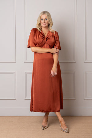 Carraig Donn Burnt Orange Satin A-line Knot Bust Detail Half Sleeve Maxi Dress