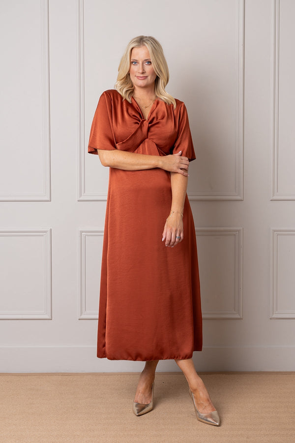 Carraig Donn Burnt Orange Satin A-line Knot Bust Detail Half Sleeve Maxi Dress
