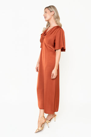 Carraig Donn Burnt Orange Satin A-line Knot Bust Detail Half Sleeve Maxi Dress