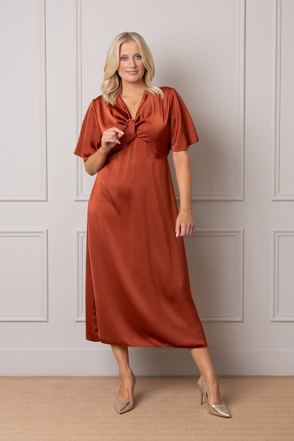 Carraig Donn Burnt Orange Satin A-line Knot Bust Detail Half Sleeve Maxi Dress