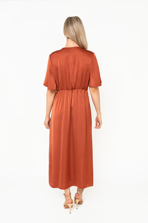 Carraig Donn Burnt Orange Satin A-line Knot Bust Detail Half Sleeve Maxi Dress