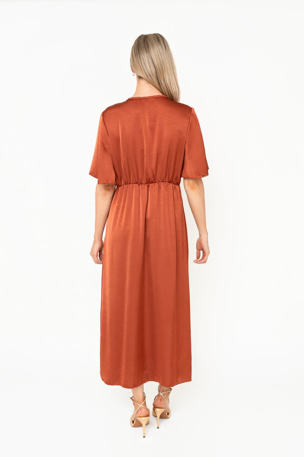 Carraig Donn Burnt Orange Satin A-line Knot Bust Detail Half Sleeve Maxi Dress