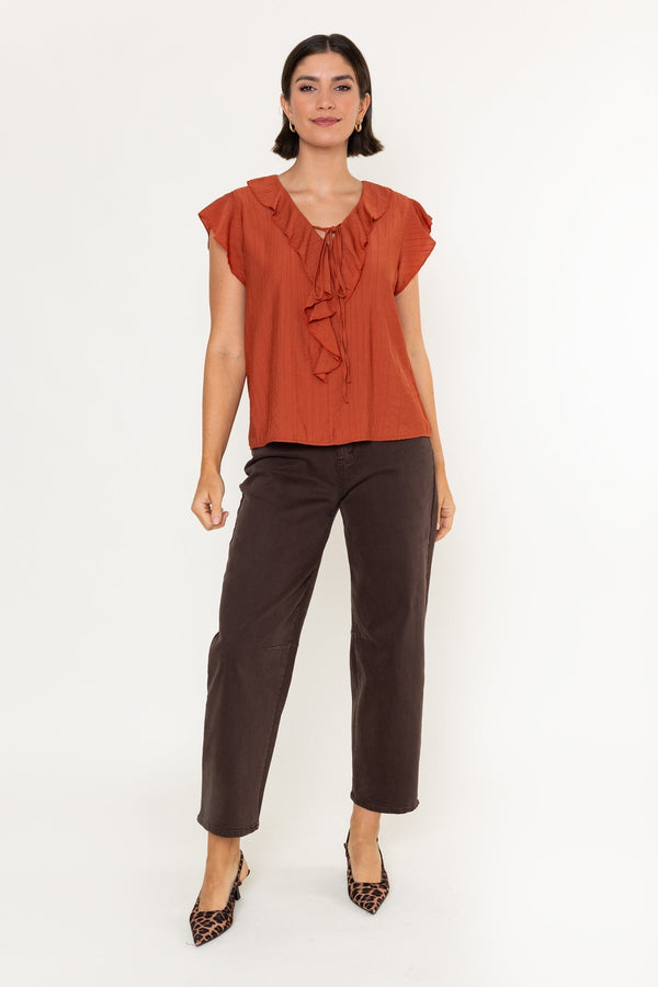 Carraig Donn Burnt Orange Viscose Ruffle Tie Neck Short Sleeve Top