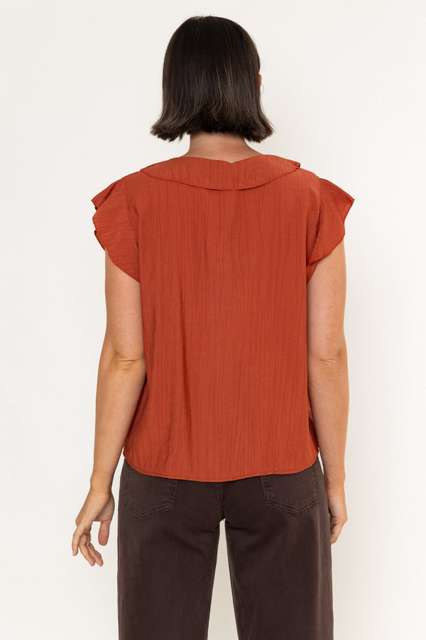 Carraig Donn Burnt Orange Viscose Ruffle Tie Neck Short Sleeve Top