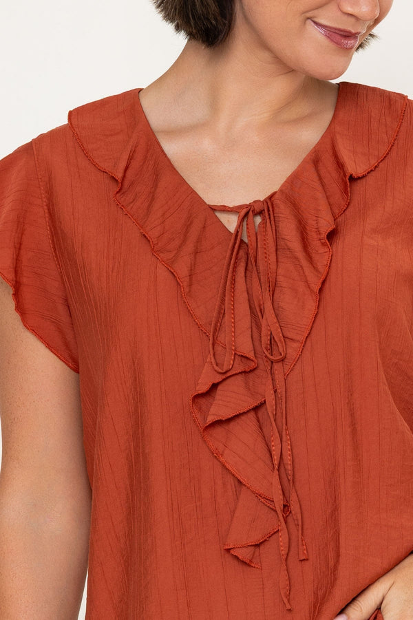 Carraig Donn Burnt Orange Viscose Ruffle Tie Neck Short Sleeve Top
