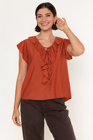 Carraig Donn Burnt Orange Viscose Ruffle Tie Neck Short Sleeve Top