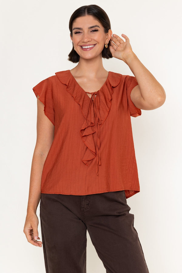 Carraig Donn Burnt Orange Viscose Ruffle Tie Neck Short Sleeve Top