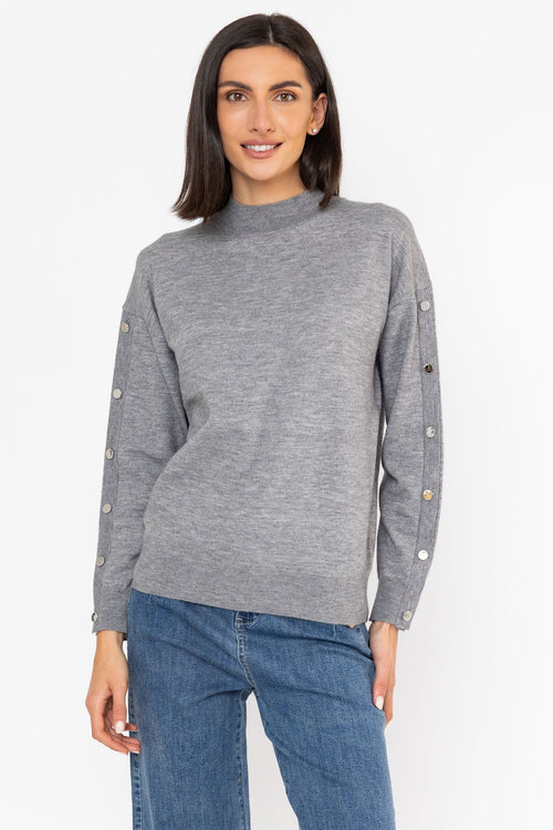 Grey Knitted Relaxed Fit Silver Button Long Sleeve Jumper