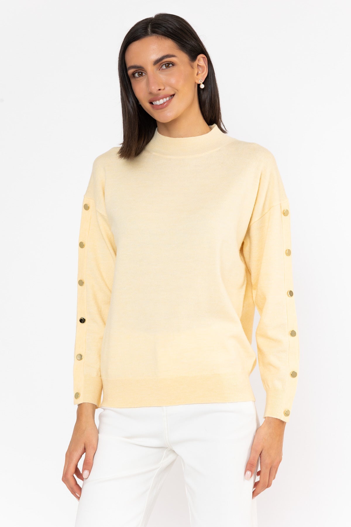 Lemon Knitted Relaxed Fit Gold Button Long Sleeve Jumper