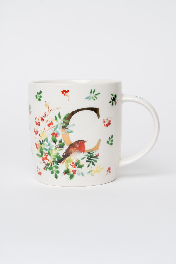 Carraig Donn C Christmas Robin Leaf New Bone China Alphabet Mug