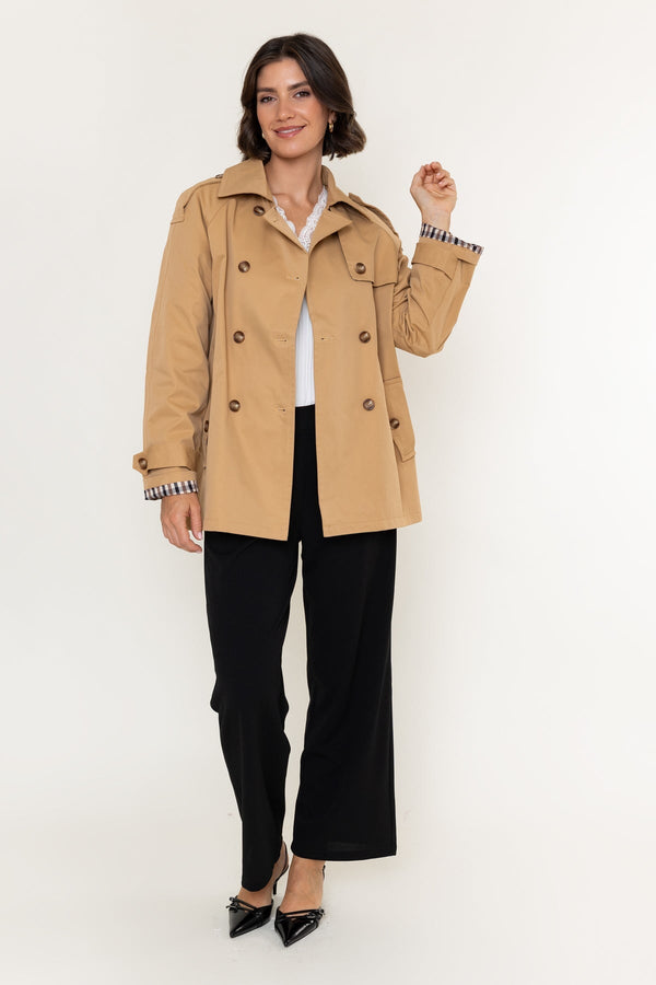 Carraig Donn Camel Check Lined Double Breasted Short Trench Coat
