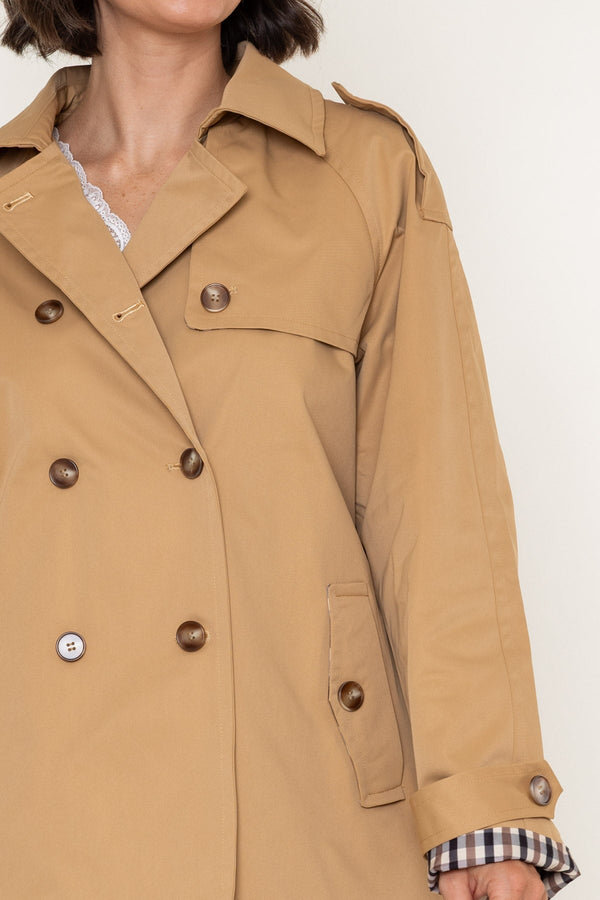 Carraig Donn Camel Check Lined Double Breasted Short Trench Coat