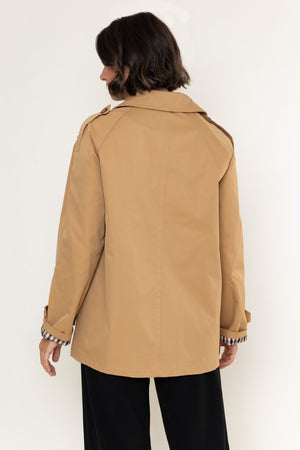 Carraig Donn Camel Check Lined Double Breasted Short Trench Coat