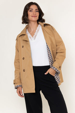 Carraig Donn Camel Check Lined Double Breasted Short Trench Coat