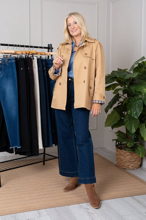 Carraig Donn Camel Check Lined Double Breasted Short Trench Coat
