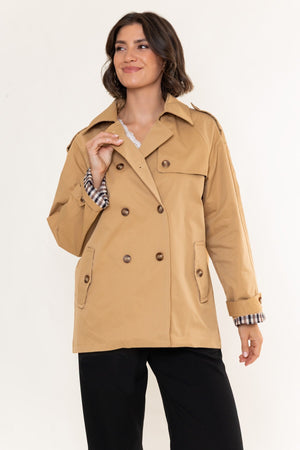 Carraig Donn Camel Check Lined Double Breasted Short Trench Coat
