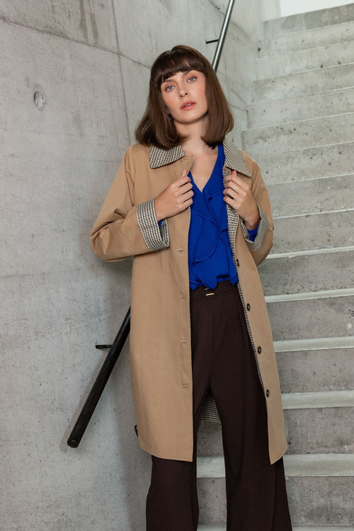 Camel Cotton Regular Fit Belted Check Lined Trench Coat