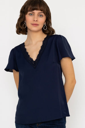 Lace V-Neck Top in Navy