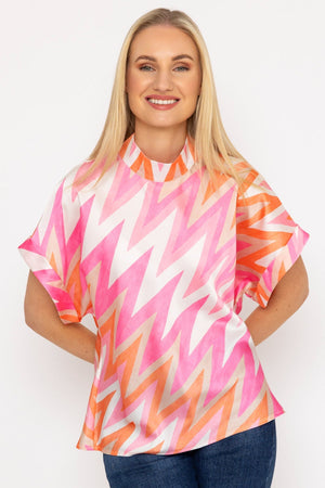 High Neck Sateen Top in Pink and Orange Print