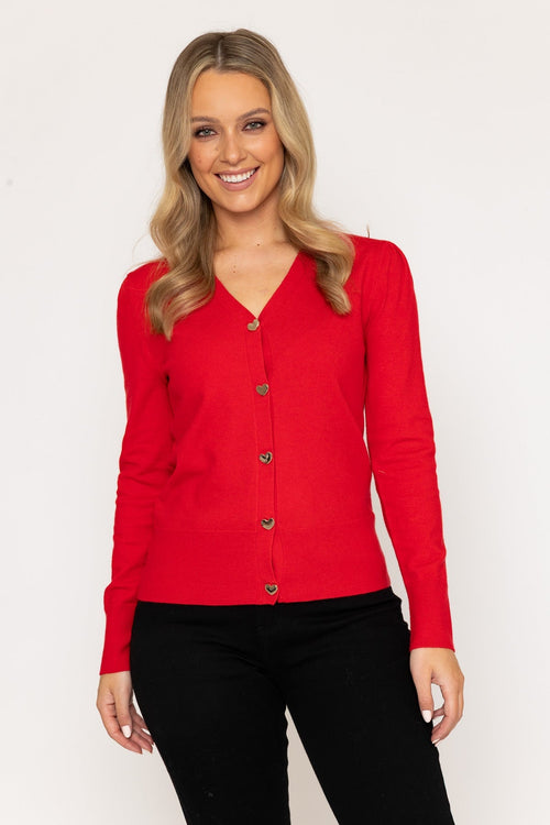 Red Knit Cardigan with Heart Buttons
