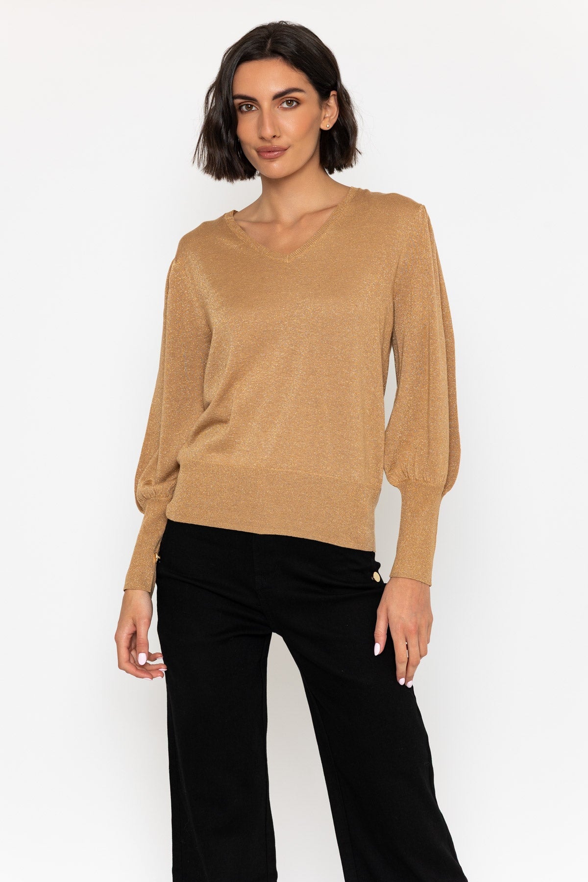 Gold Lurex V-Neck Knit Jumper