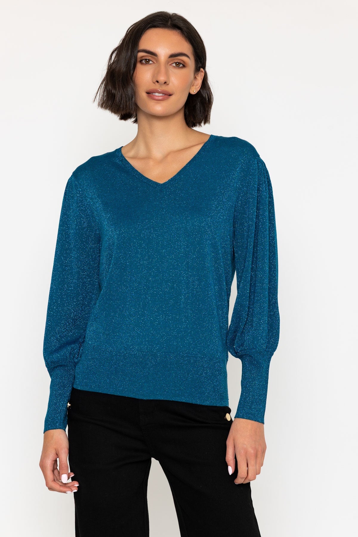 Teal Lurex V-Neck Knit Jumper