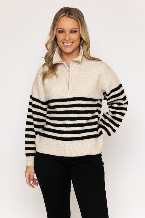 Cream & Black Striped Half-Zip Knit Jumper