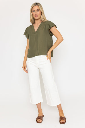 Carraig Donn 25Ss Gathered Sleeve V Neck Top Khaki