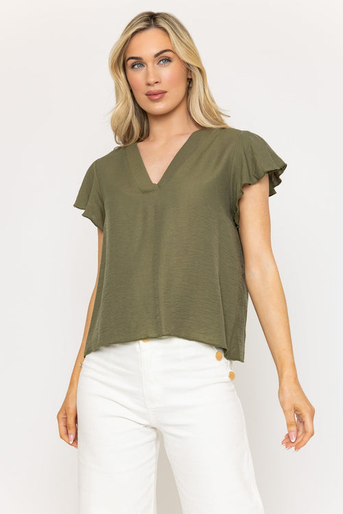 Khaki V-Neck Top with Gathered Short Sleeves
