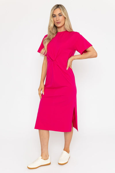 Short Sleeve Pink Midi Dress with Twist Detail