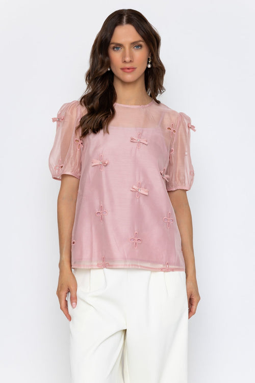Pink Short Sleeve Top with Bow Detail Appliqué