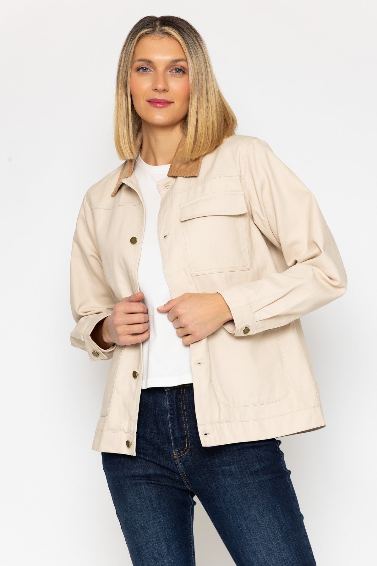 Canvas Shacket with Corduroy Collar in Cream