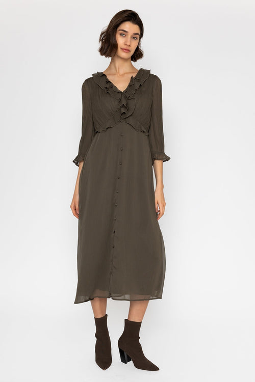 Khaki Chiffon Long Sleeve Midi Dress