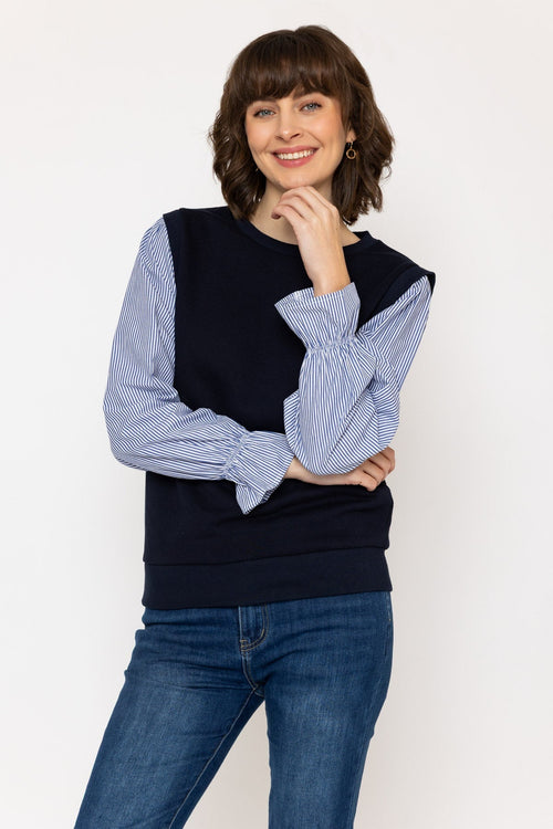 Cotton Blend Contrast Sleeve Top in Navy