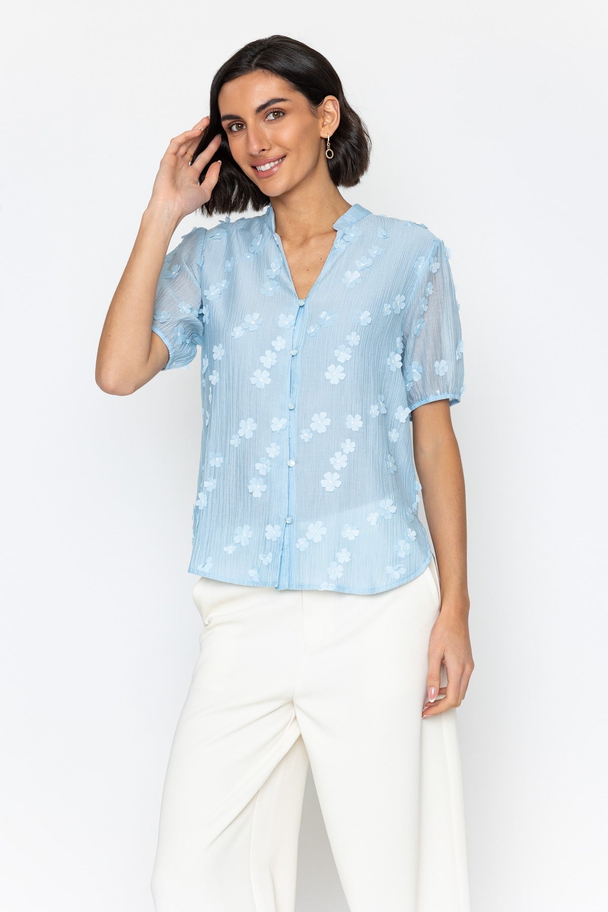 Blue Floral Appliqué Top