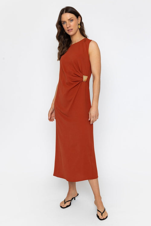 Rust Midi Dress with Gathered Side Detail