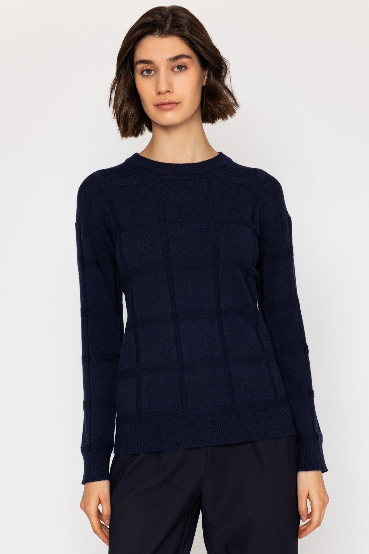 Navy Embossed Geometric Knit Jumper | Ladies Knitwear – Carraig Donn