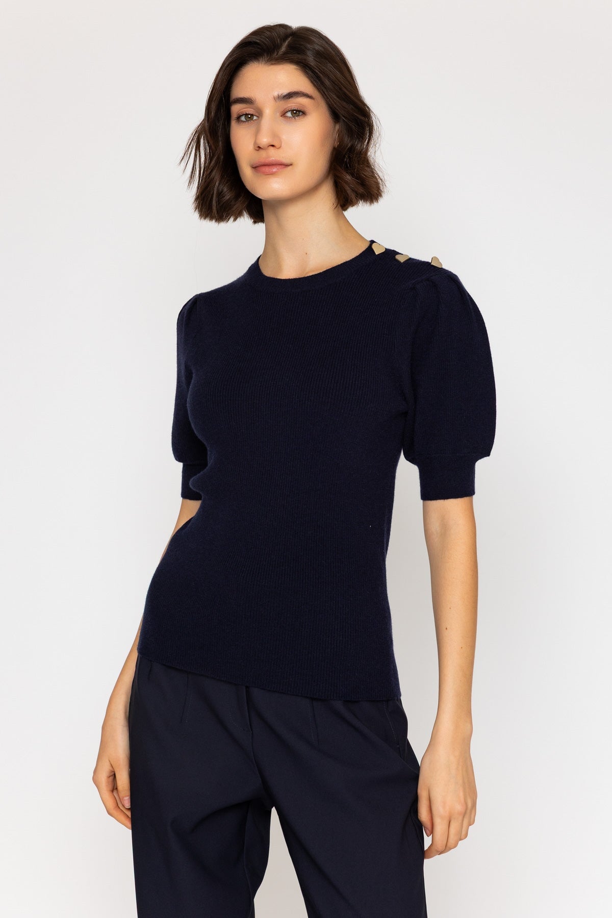 Navy Short Sleeve Knit Top with Heart Buttons