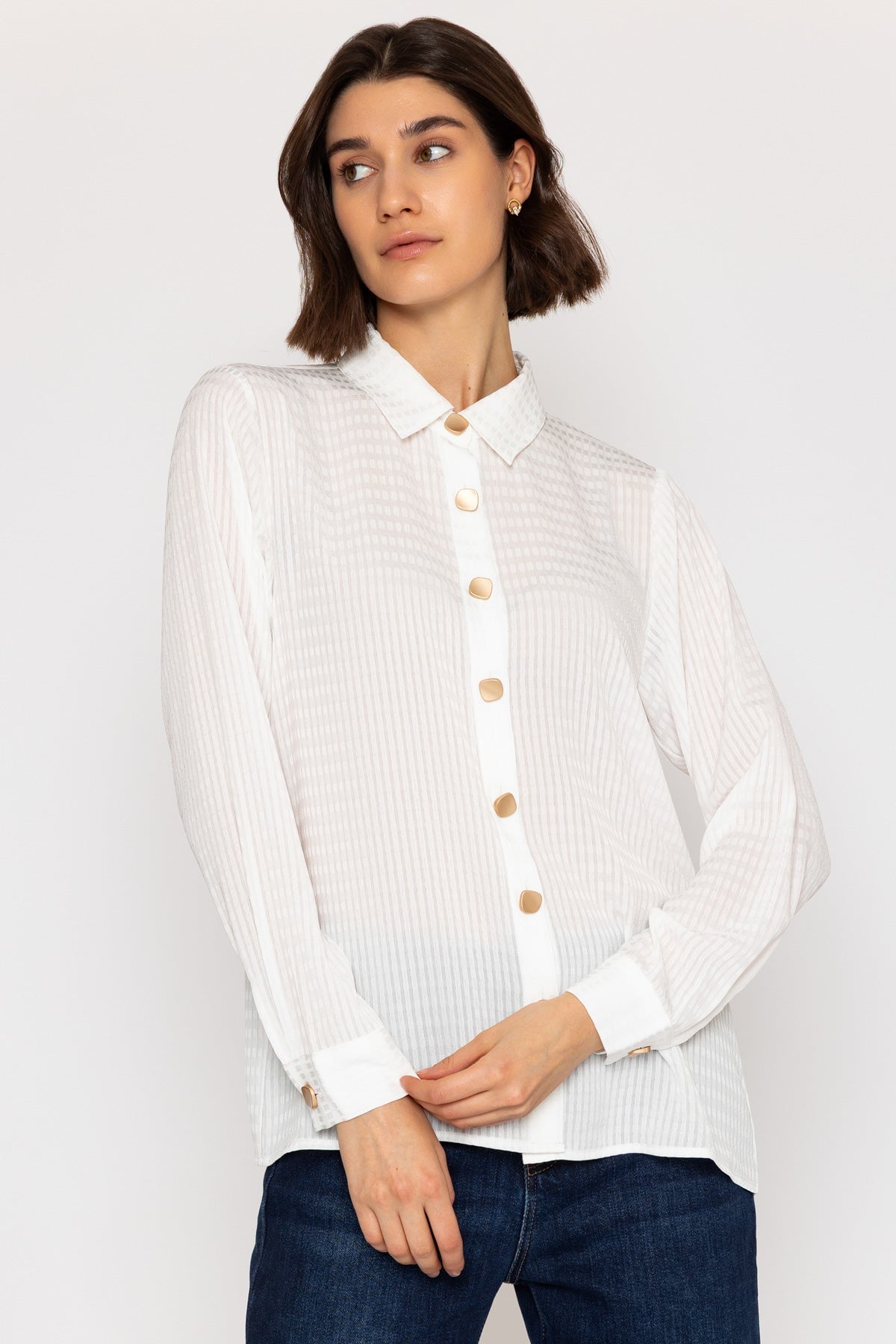 White Jacquard Blouse with Gold Buttons