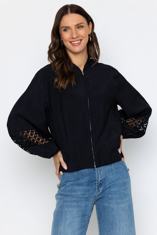Black Bomber Jacket with Lace Insert