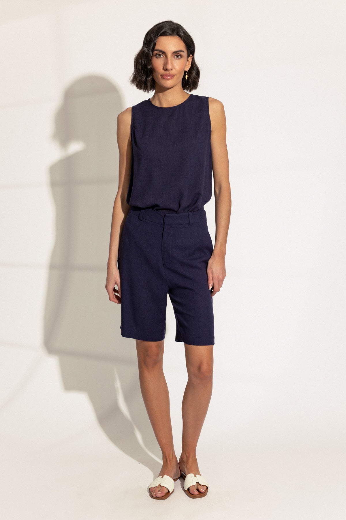 Navy Linen Blend Shorts
