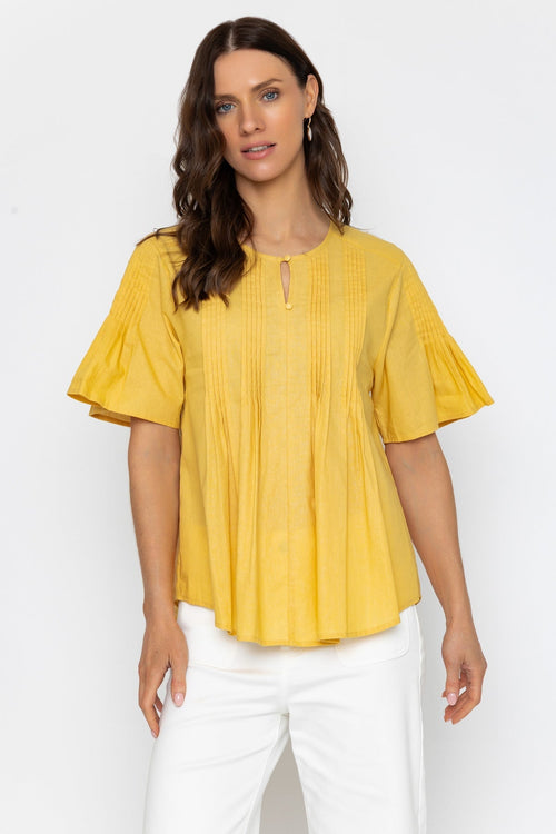 Yellow Pleated Short Sleeve Top