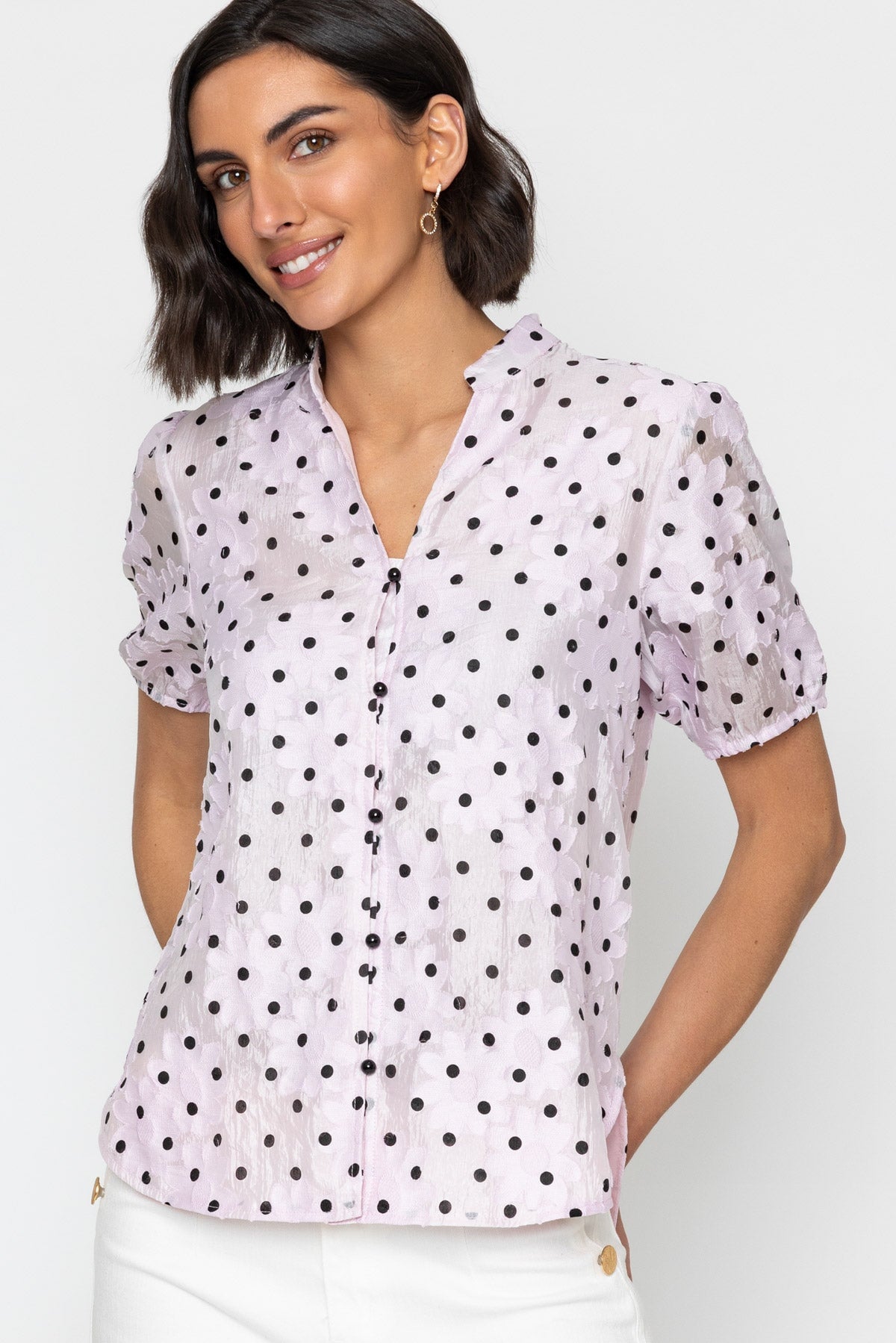Short Sleeve Polka Dot Blouse in Light Pink