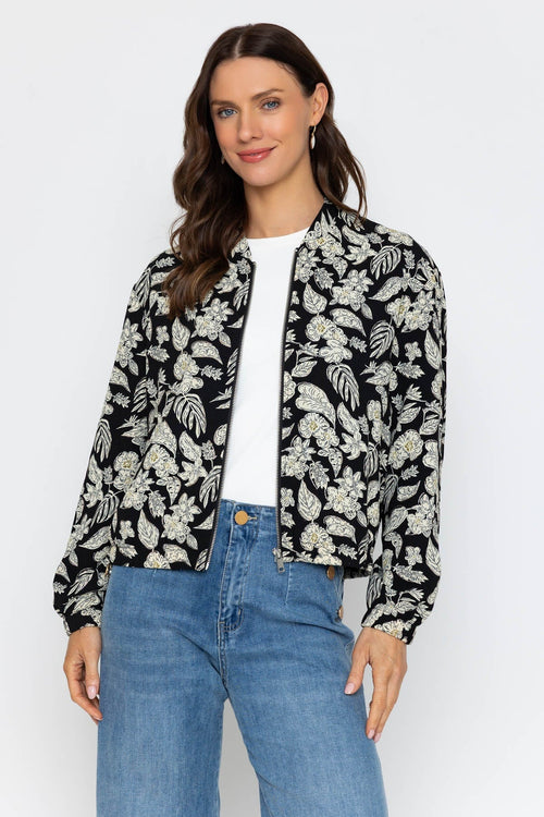 Black Bomber Jacket with Floral Print
