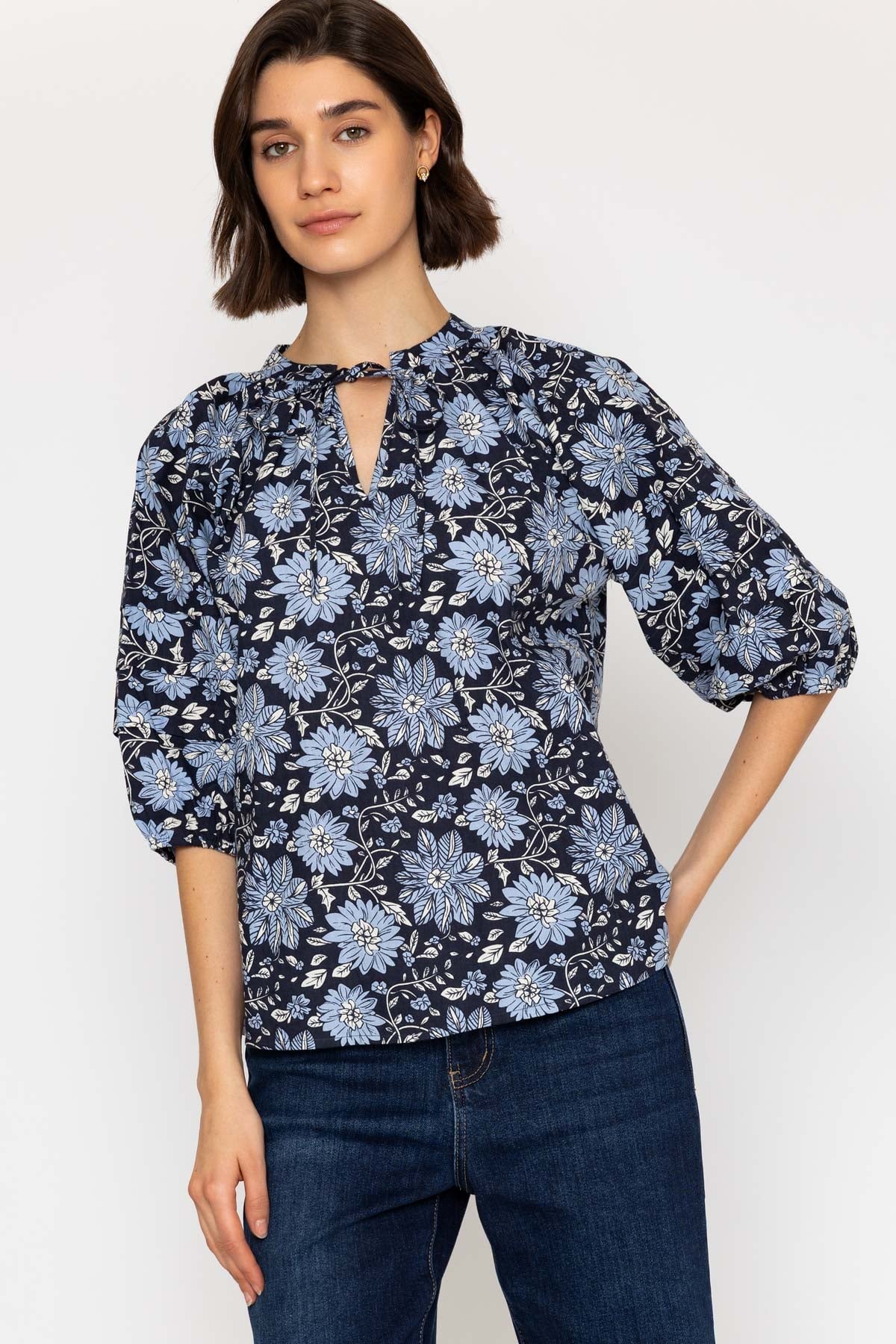 Denim Blue Floral Print Top with Neck Tie Detail